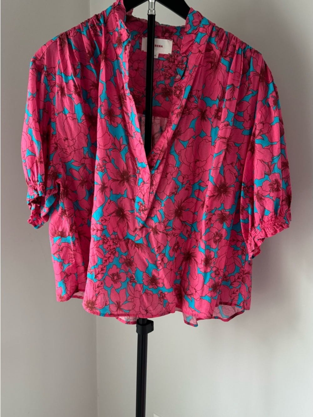 XiRENA Cam Pink and Turquoise Floral Ruffle-Trim Blouse - Picture 4 of 6